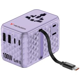 Verbatim Charge ''n'' Travel 100W GaN III Universal Travel Adapter with Retractable USB-C Cable Purple