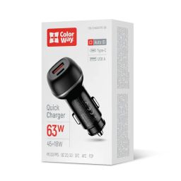 ColorWay Car Charger 2USB (Type-C PD45W + USB QC3.0 18W) 63W Black