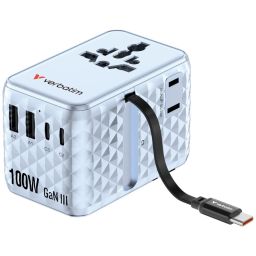 Verbatim Charge ''n'' Travel 100W GaN III Universal Travel Adapter with Retractable USB-C Cable Blue