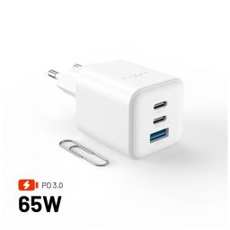 FIXED Mini 2x USB-C, USB-A GaN töltő adapter 65W, fehér