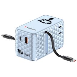 Verbatim Charge ''n'' Travel 70W GaN III Universal Travel Adapter with 2 Retractable USB-C Cables Blue