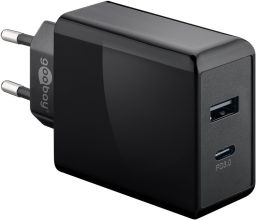 USB hálózati gyorstöltő 1xUSB-C 3.1,1xUSB 3.0 28W, fekete GOOBAY (44960)