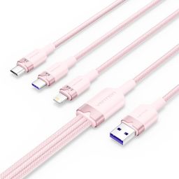 Vention USB 2.0 A Male to 3-in-1 USB-C & Lightning & Micro-B Male 6A Cable 1,5m Pink