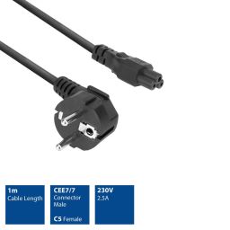 ACT Powercord mains connector Schuko CEE 7/7 male (angled) - C5 IEC 60320 1m Black