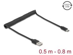 DeLock Coiled Cable EASY-USB 2.0 Type-A male to USB Type-C male 0.5 m to 0,8m Black