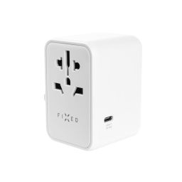 FIXED Utazóadapter EU, UK és USA/AUS számára 3xUSB-C és 2xUSB kimenettel, GaN PD 65W, fehér