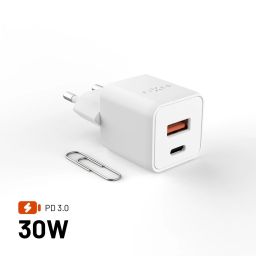FIXED Mini GaN hálózati töltő USB-C és USB kimenettel, PD támogatással, 30W, fehér