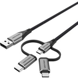 Vention USB 2.0 A Male to 3-in-1 Micro-B&USB-C&Lightning Male Cable 1m Grey