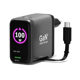 Port Designs GaN2 PD 100W Wall Charger with 70cm USB-C cable Black