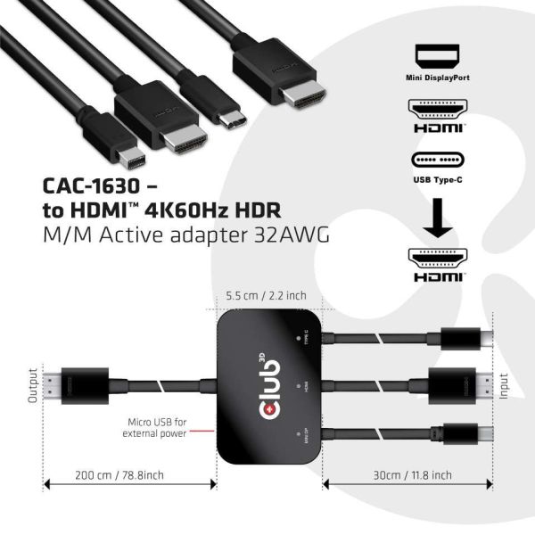 Club3D USB Type C + HDMI + MiniDisplayPort 1.2 to HDMI 4K60Hz HDR M/M Active Adapter Black