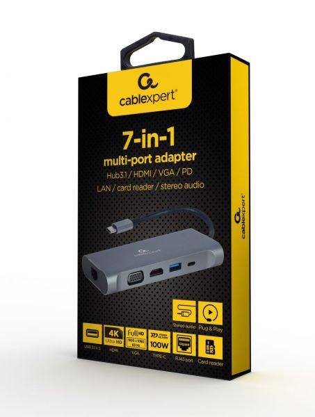Gembird A-CM-COMBO7-01 USB Type-C 7-in-1 Multi-Port Adapter Space Grey