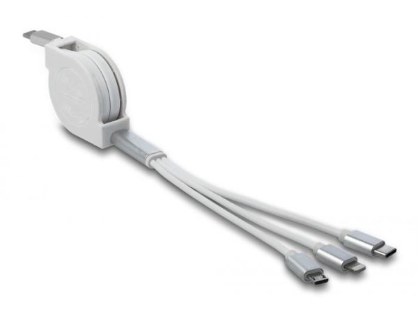 DeLock USB Type-C 3 in 1 Retractable Charging Cable for Lightning/Micro USB/USB Type-C White
