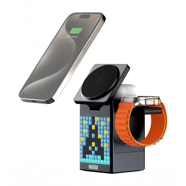 NEWELL induOne MagPlay 3 in 1 töltőállomás + hangszóró + óra, 3 eszköz töltés, LED kijelző, RGB, animációs lehetőségek