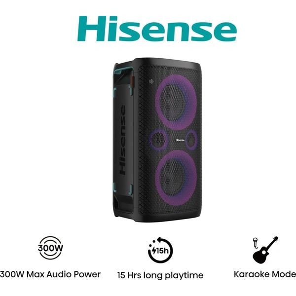 HISENSE Party Storm 1 Bluetooth Party Hangszóró 2 db mikrofonnal, 2.0CH, 300W, Fekete