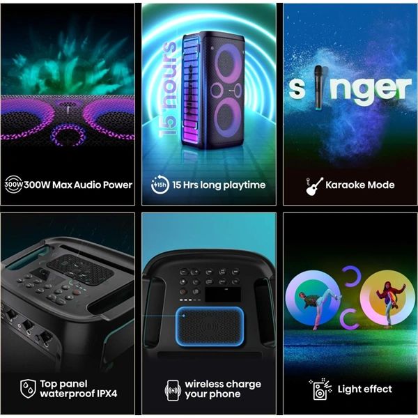 HISENSE Party Storm 1 Bluetooth Party Hangszóró 2 db mikrofonnal, 2.0CH, 300W, Fekete