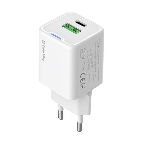 COLORWAY AC töltő GaN Mini CW-CHS053PD-WT 30W PD port PPS USB (Type-C PD + USB QC4.0) fehér