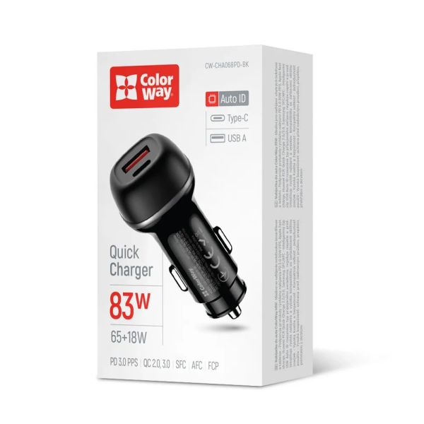 ColorWay Car Charger 2USB (Type-C PD65W + USB QC3.0 18W) 83W Black