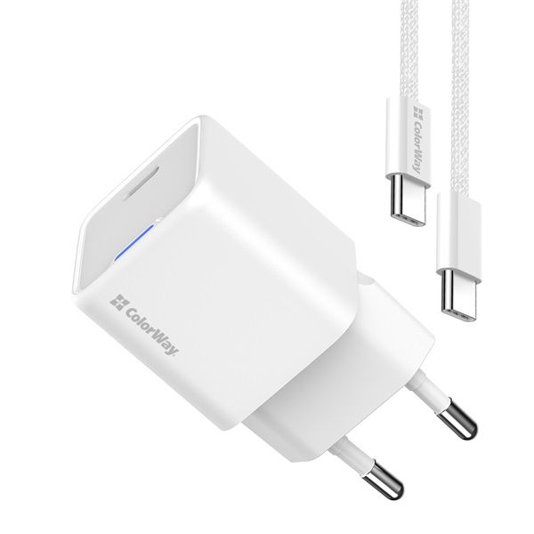 COLORWAY AC töltő GaN Mini CW-CHS054PDC-WT 30W PD port PPS USB-C fehér + kábel Type-C