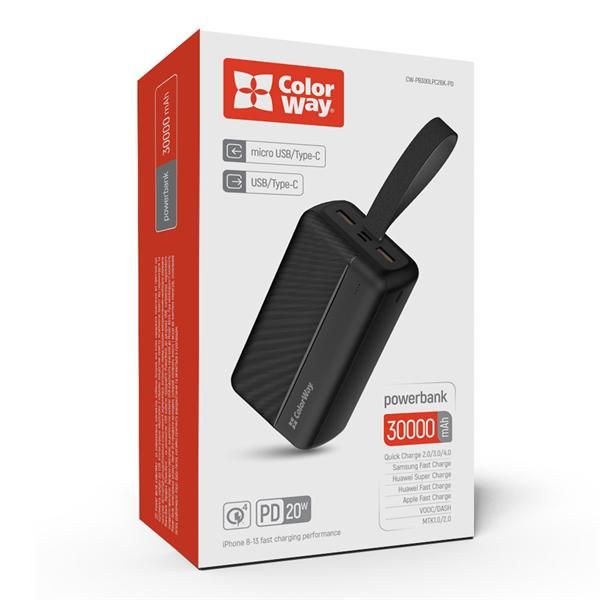 COLORWAY USB töltő adapter, Power Bank 30 000 mAh, nagy teljesítményű 2 (USB QC3.0 + USB-C tápellátás 22,5 W) Fekete