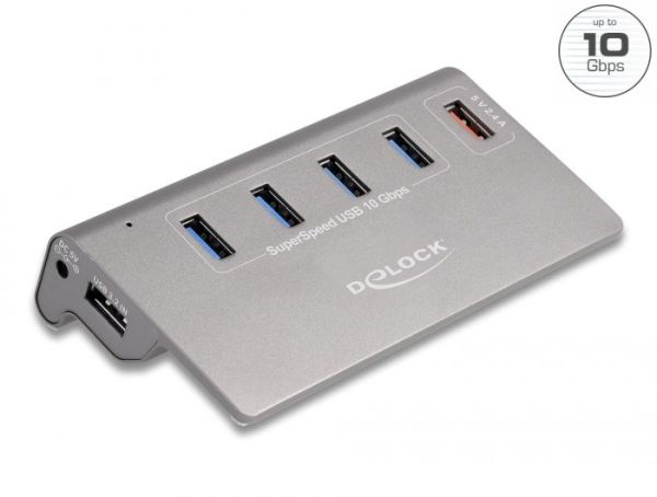 DeLock USB 10 Gbps Hub with 4 USB Type-A Ports + 1 Fast Charging Port incl. Power Supply