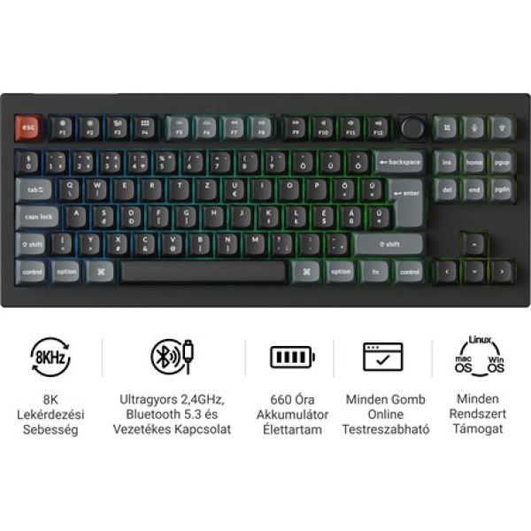 Keychron V3 Ultra 8K Bluetooth / vezeték nélküli magyar Silk POM Red mechanikus billentyűzet fekete