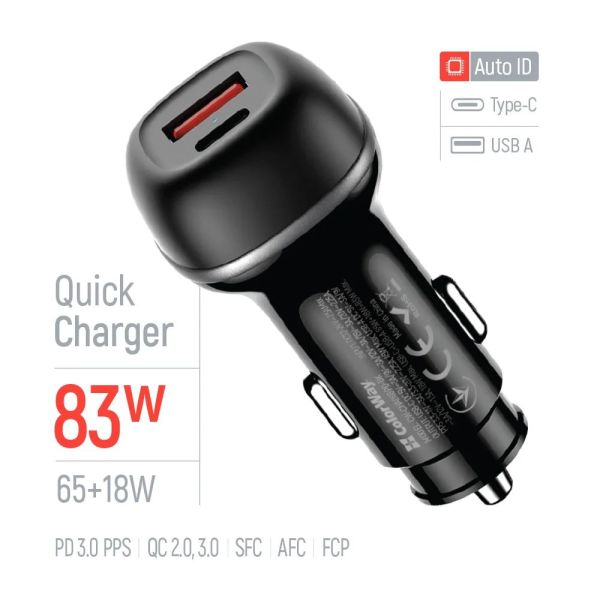 ColorWay Car Charger 2USB (Type-C PD65W + USB QC3.0 18W) 83W Black