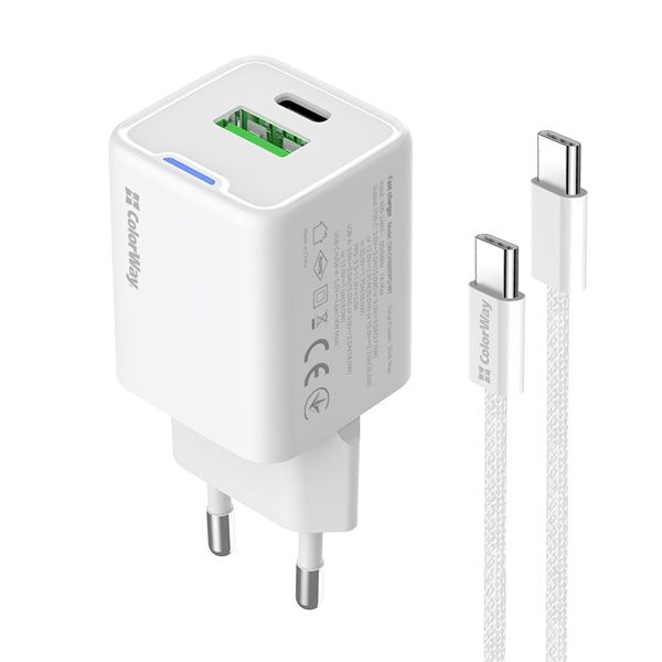 COLORWAY AC töltő GaN Mini CW-CHS055PDC-WT 35W PD port PPS USB (Type-C PD + USB QC4.0) kábel Type-C