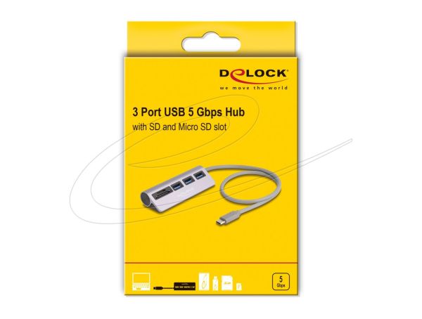 DeLock 3 Port USB 5 Gbps Hub including SD and Micro SD Card Reader with USB Type-C connector Silver