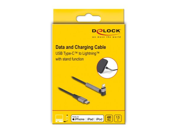 DeLock Data and Charging Cable USB Type-C to Lightning for iPhone, iPad, iPod angled with stand function 1,5m MFi Black