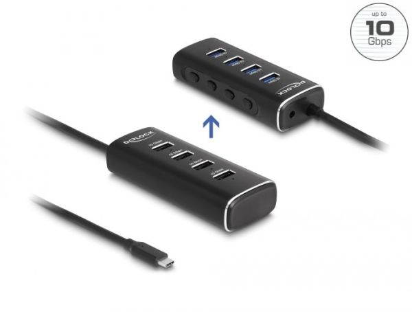 DeLock 4 Port USB 10 Gbps Hub with USB Type-C connector 60 cm Cable and Switch for each port