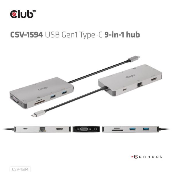 Club3D USB Gen1 Type-C 9-in-1 hub with HDMI, VGA, 2x USB Gen1 Type-A, RJ45, SD/Micro SD card slots and USB Gen1 Type-C Female port
