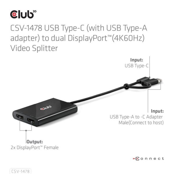 Club3D USB Type-C (with USB Type-A adapter) to dual DisplayPort (4K60Hz) Video Splitter