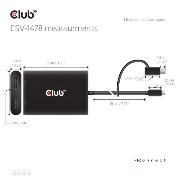 Club3D USB Type-C (with USB Type-A adapter) to dual DisplayPort (4K60Hz) Video Splitter