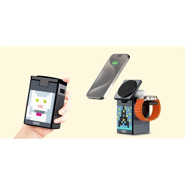 NEWELL induOne MagPlay 3 in 1 töltőállomás + hangszóró + óra, 3 eszköz töltés, LED kijelző, RGB, animációs lehetőségek