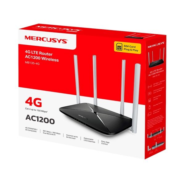 MERCUSYS 3G/4G Modem + Wireless Router AC1200 1xWAN/LAN(100Mbps) +3xLAN(100Mpbs), MB135-4G