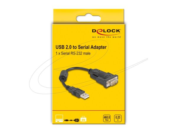 DeLock Adapter USB 2.0 Type-A to 1 x Serial RS-232 D-Sub 9 pin male with ferrite core 0,25m Black