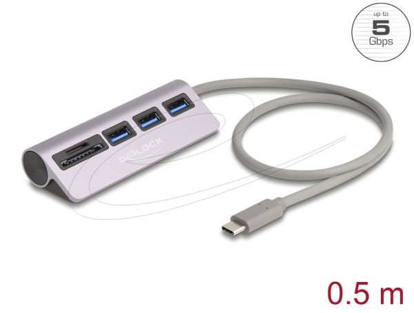 DeLock 3 Port USB 5 Gbps Hub including SD and Micro SD Card Reader with USB Type-C connector Silver