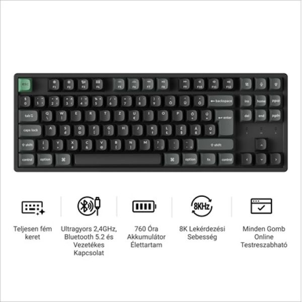 Keychron K8 Ultra 8K Bluetooth / vezeték nélküli magyar Apex Red mechanikus billentyűzet fekete