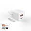 FIXED Mini GaN hálózati töltő USB-C és USB kimenettel, PD támogatással, 30W, fehér